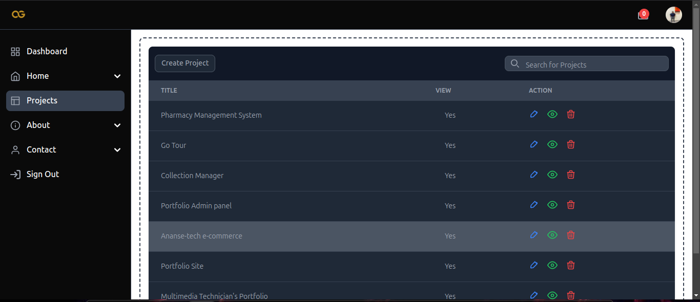 Image of Portfolio Admin panel